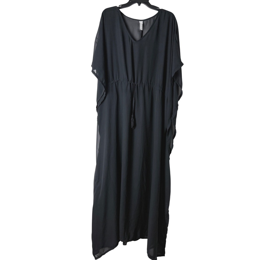Swim by Cacique Swim Cover Up Women 14/16 Black Sheer Maxi Kaftan Drawstring